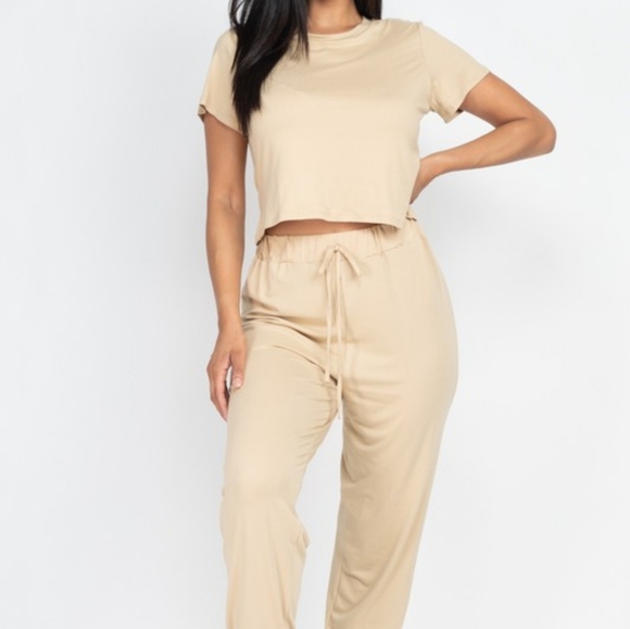 NWT loungewear set short sleeves extra soft tan S - Picture 1 of 5